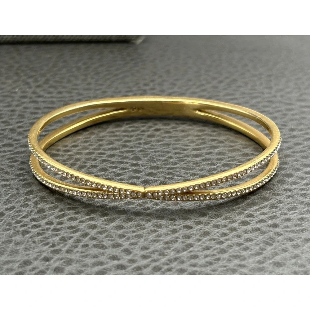 Nordstrom Gold Tone Crossover Bangle Bracelet Clear Cubic Zirconia Hinged